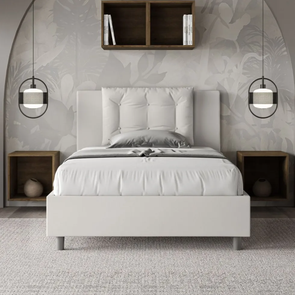 Letto 120x210cm contenitore con bottoni in similpelle bianco LIT176