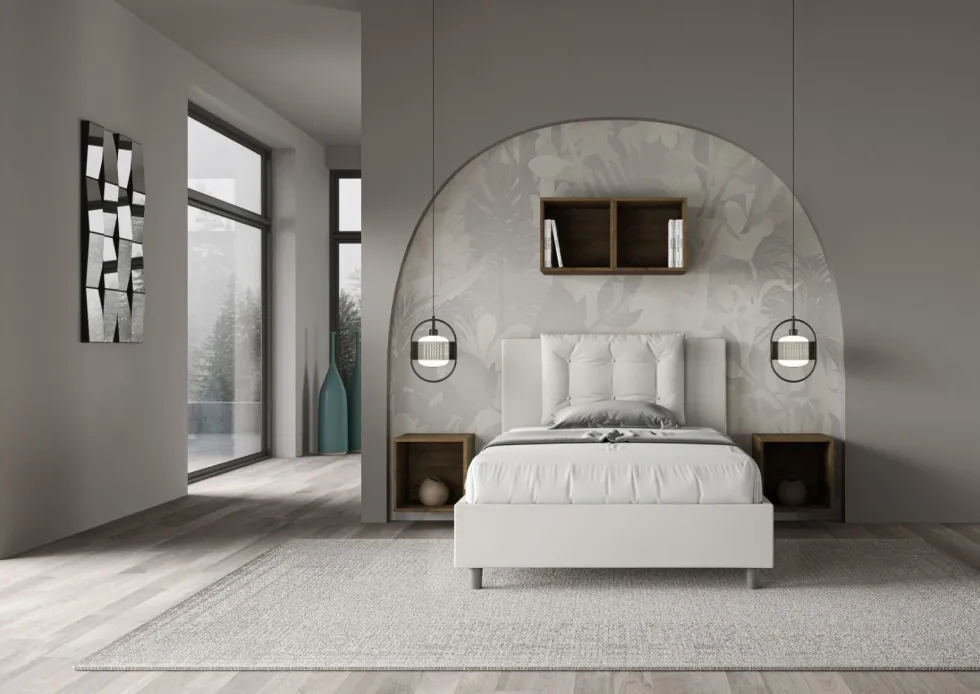 Letto 120x210cm contenitore con bottoni in similpelle bianco LIT176