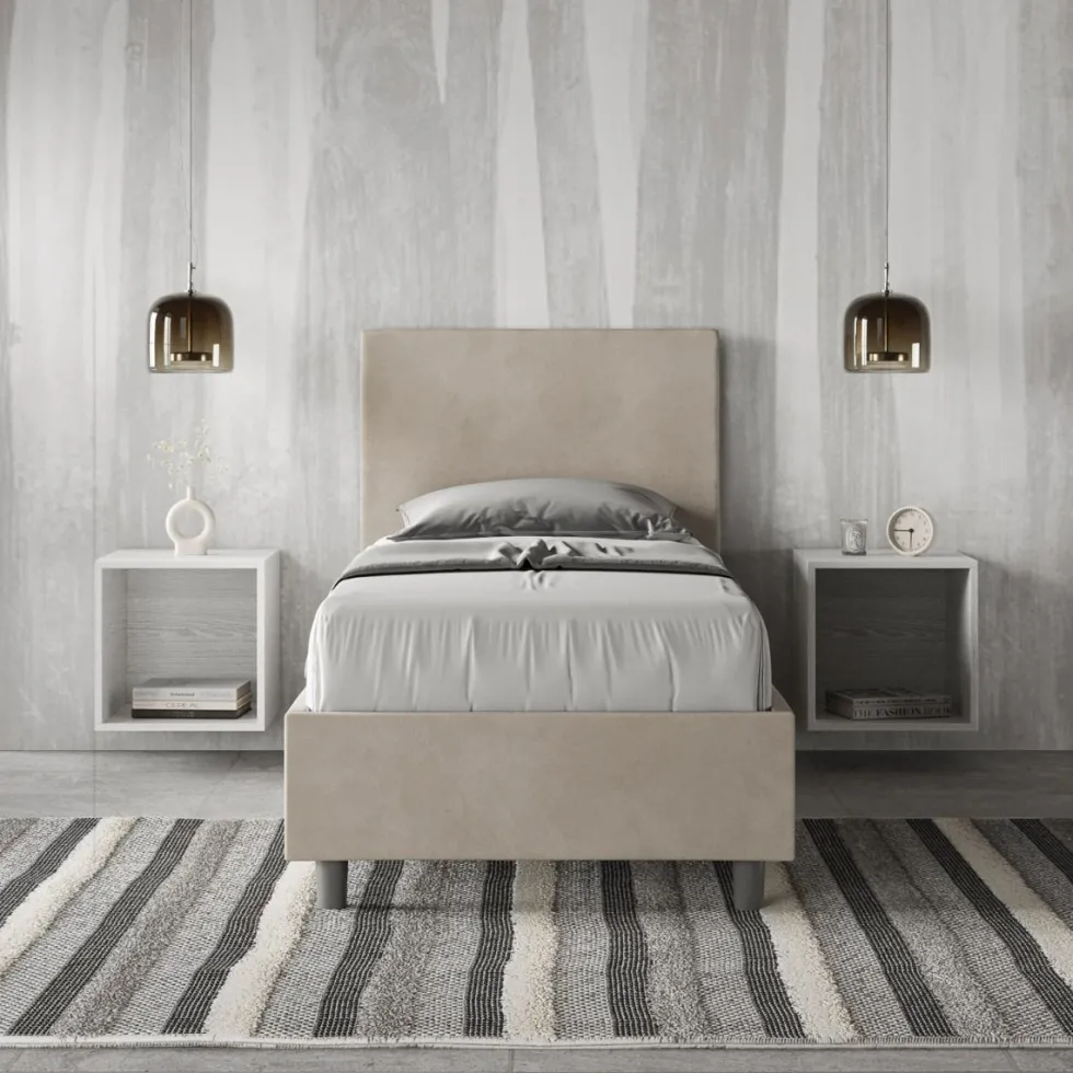 Letto 90x210cm contenitore con cuscino imbottito in microfibra sabbia beige LIT110