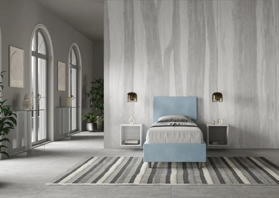 Letto 90x190cm contenitore con testiera liscia in microfibra azzurro LIT100