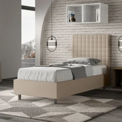 Letto 80x190cm contenitore con testiera a quadretti in similpelle tortora LIT62