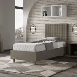 Letto 80x190cm contenitore con testiera a quadretti in similpelle cappuccino LIT62
