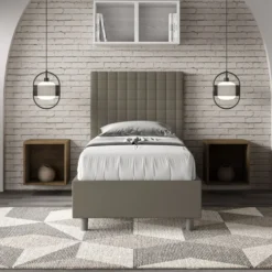 Letto 80x190cm contenitore con testiera a quadretti in similpelle cappuccino LIT62