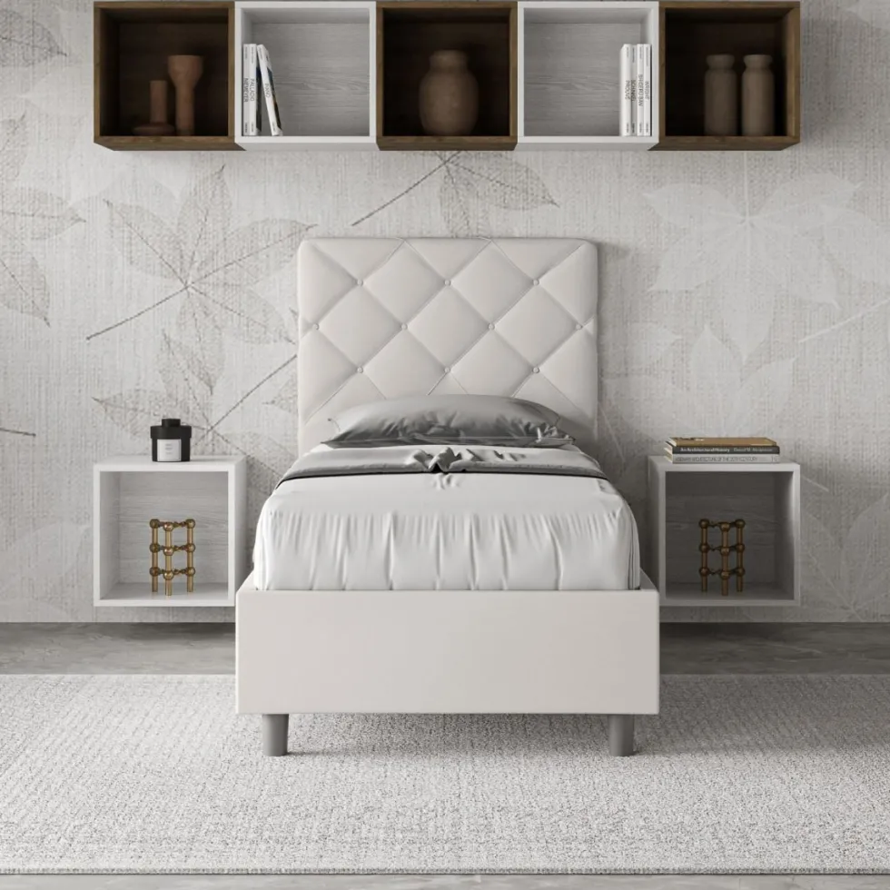 Letto 80x200cm contenitore con testiera trapuntata design a rombo bianco LIT70