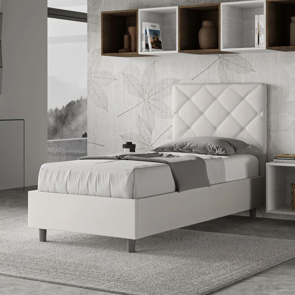 Letto 80x200cm contenitore con testiera trapuntata design a rombo bianco LIT70