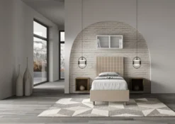Letto 90x200cm contenitore con testiera a quadretti in similpelle tortora LIT126