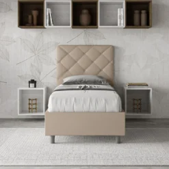 Letto 80x190cm contenitore con testiera trapuntata design a rombo tortora LIT68