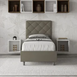 Letto 80x190cm contenitore con testiera trapuntata design a rombo cappuccino LIT68