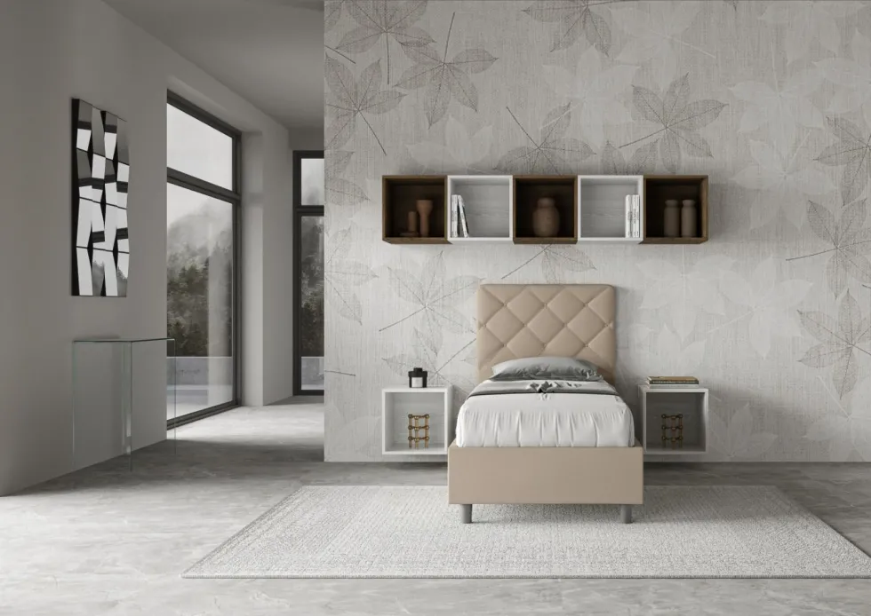 Letto 90x190cm contenitore con testiera a rombo tortora LIT130