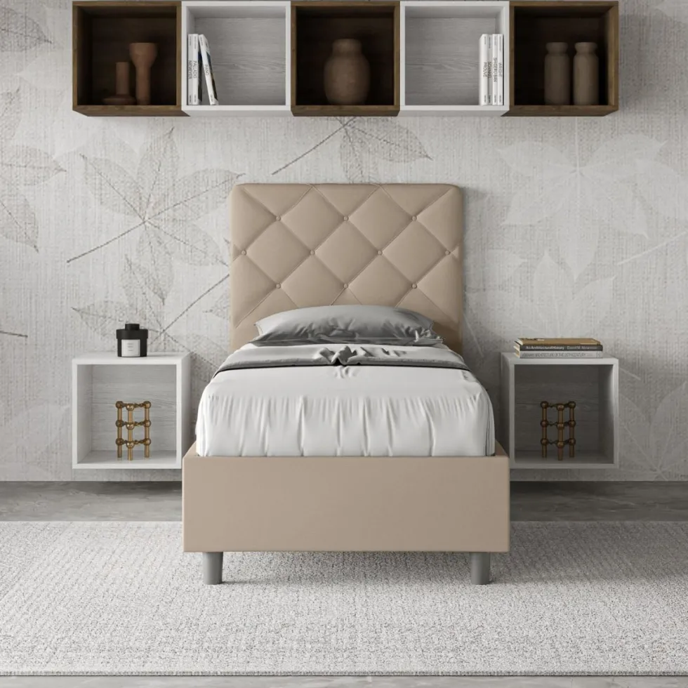 Letto 90x190cm contenitore con testiera a rombo tortora LIT130