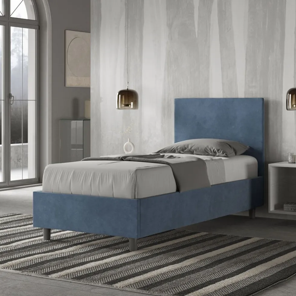 Letto 90x210cm contenitore con testiera liscia in microfibra blu LIT104