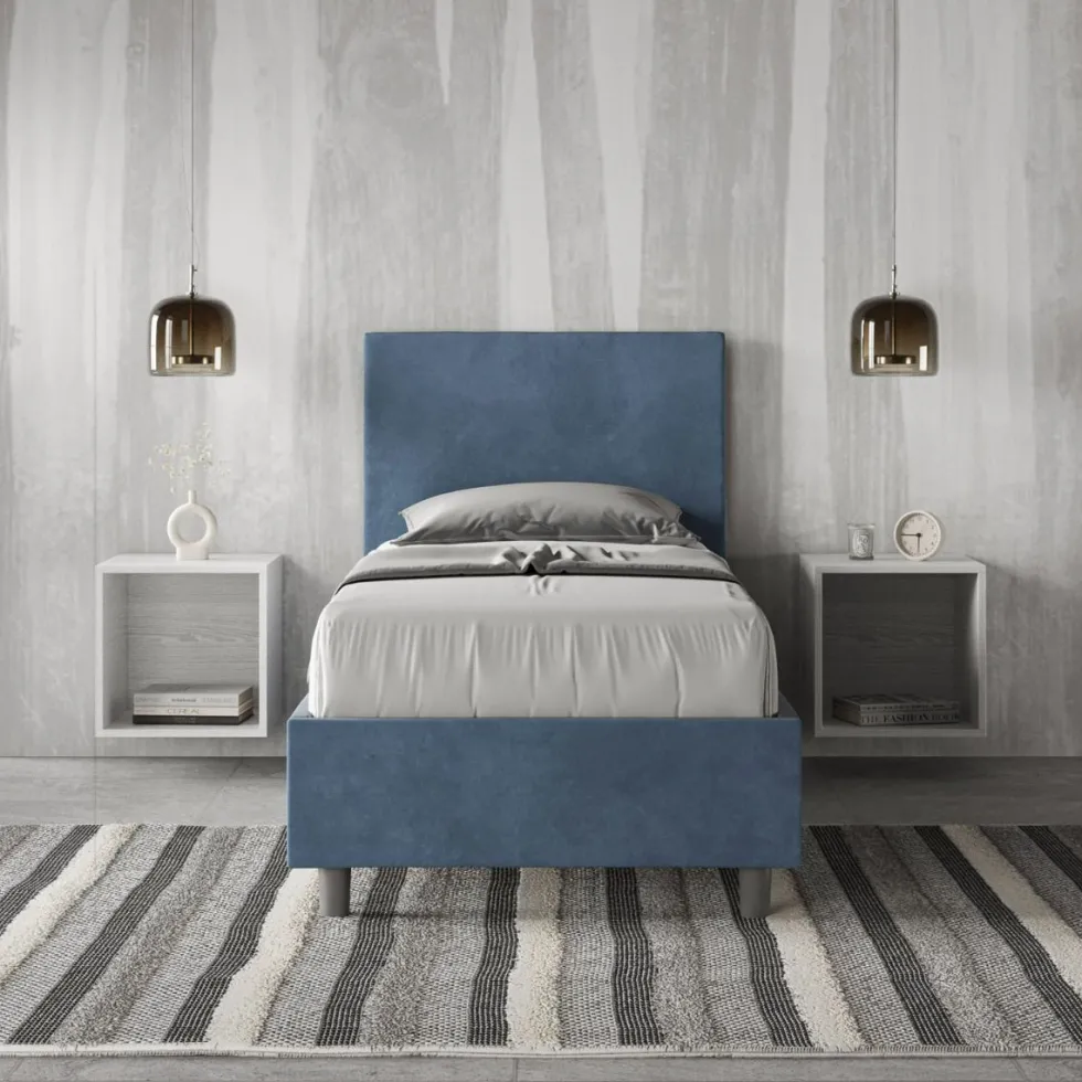 Letto 90x210cm contenitore con testiera liscia in microfibra blu LIT104