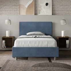 Letto 120x210cm contenitore con testiera in microfibra blu LIT158