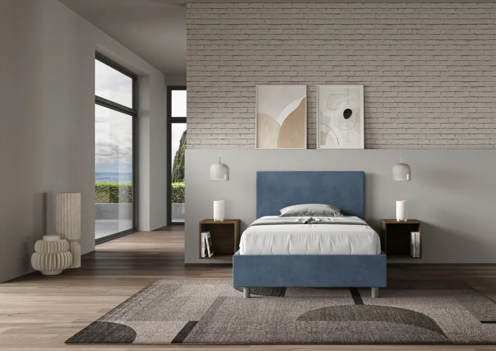 Letto 120x210cm contenitore con testiera in microfibra blu LIT158