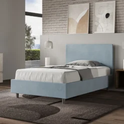 Letto 120x210cm contenitore con testiera in microfibra azzurro LIT158