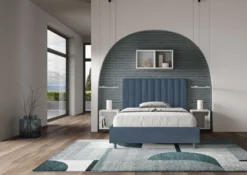 Letto 120x190cm contenitore con testiera trapuntata in microfibra blu LIT228