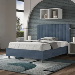 Letto 120x190cm contenitore con testiera trapuntata in microfibra blu LIT228