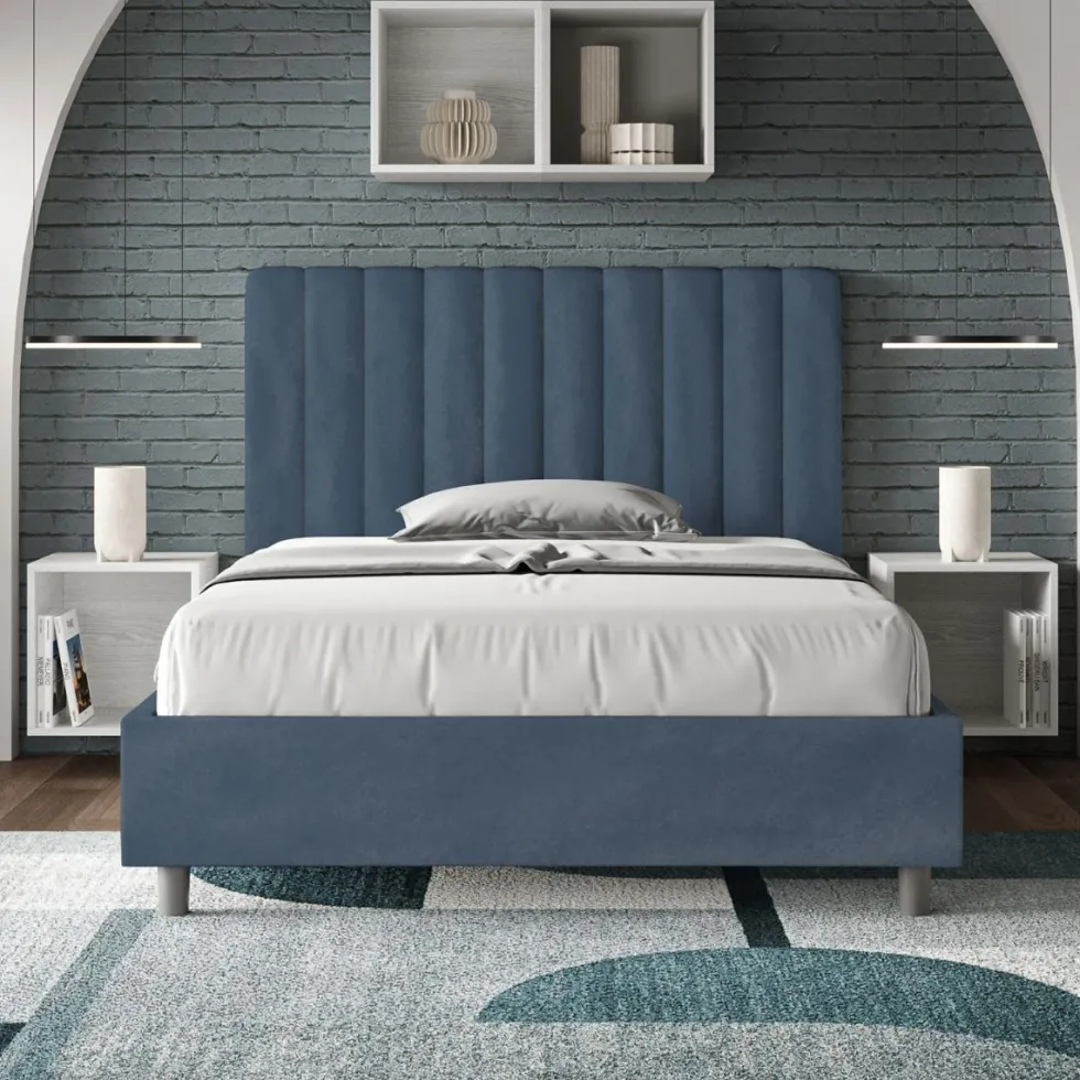 Letto 120x190cm contenitore con testiera trapuntata in microfibra blu LIT228