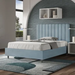 Letto 120x190cm contenitore con testiera trapuntata in microfibra azzurro LIT228