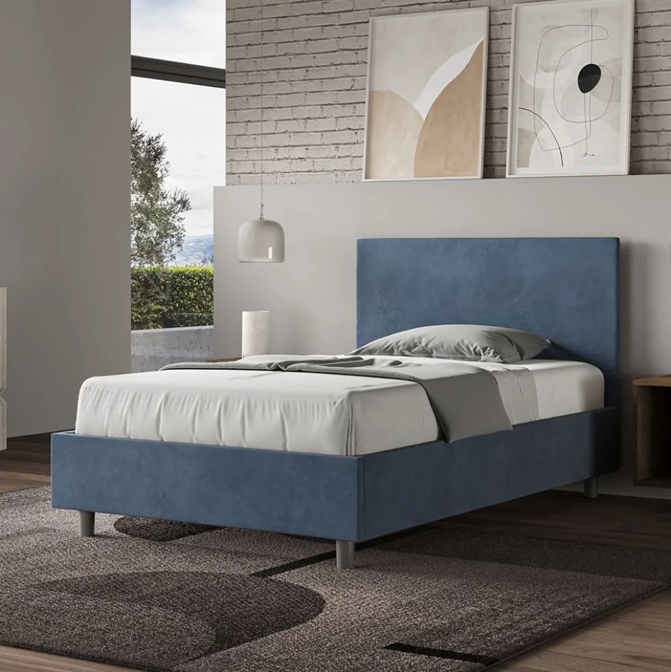 Letto 120x200cm contenitore con testiera in microfibra blu LIT154