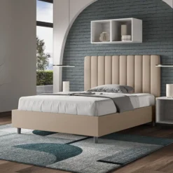 Letto 120x210cm contenitore con testiera trapuntata in similpelle tortora LIT234
