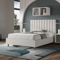 Letto 120x210cm contenitore con testiera trapuntata in similpelle bianco LIT234