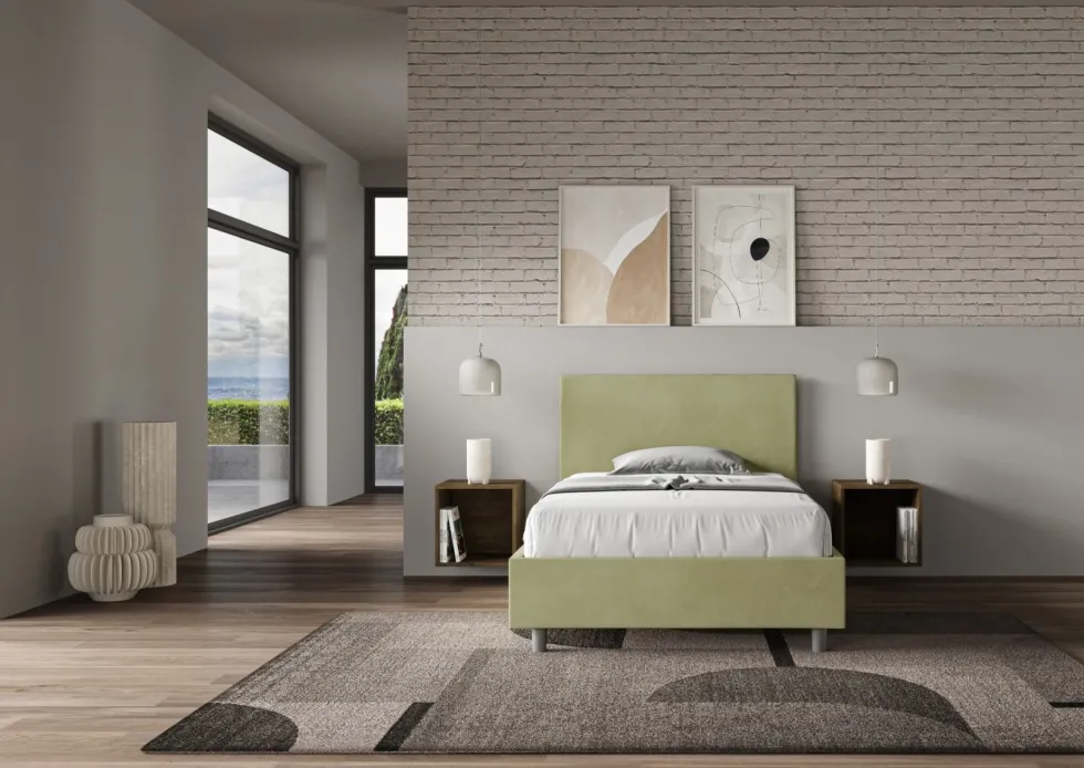 Letto 120x190cm contenitore con testiera in microfibra tè verde LIT150