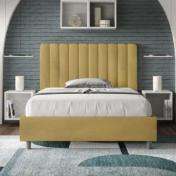 Letto 120x200cm contenitore con testiera trapuntata in microfibra ocra LIT232