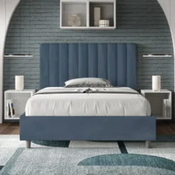 Letto 120x200cm contenitore con testiera trapuntata in microfibra blu LIT232