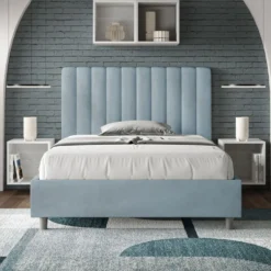 Letto 120x200cm contenitore con testiera trapuntata in microfibra azzurro LIT232