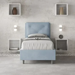 Letto 90x210cm contenitore con tre bottoni in microfibra azzurro LIT116