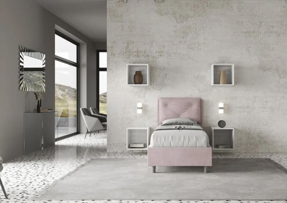 Letto 90x190cm contenitore con tre bottoni in microfibra glicine lilla LIT112