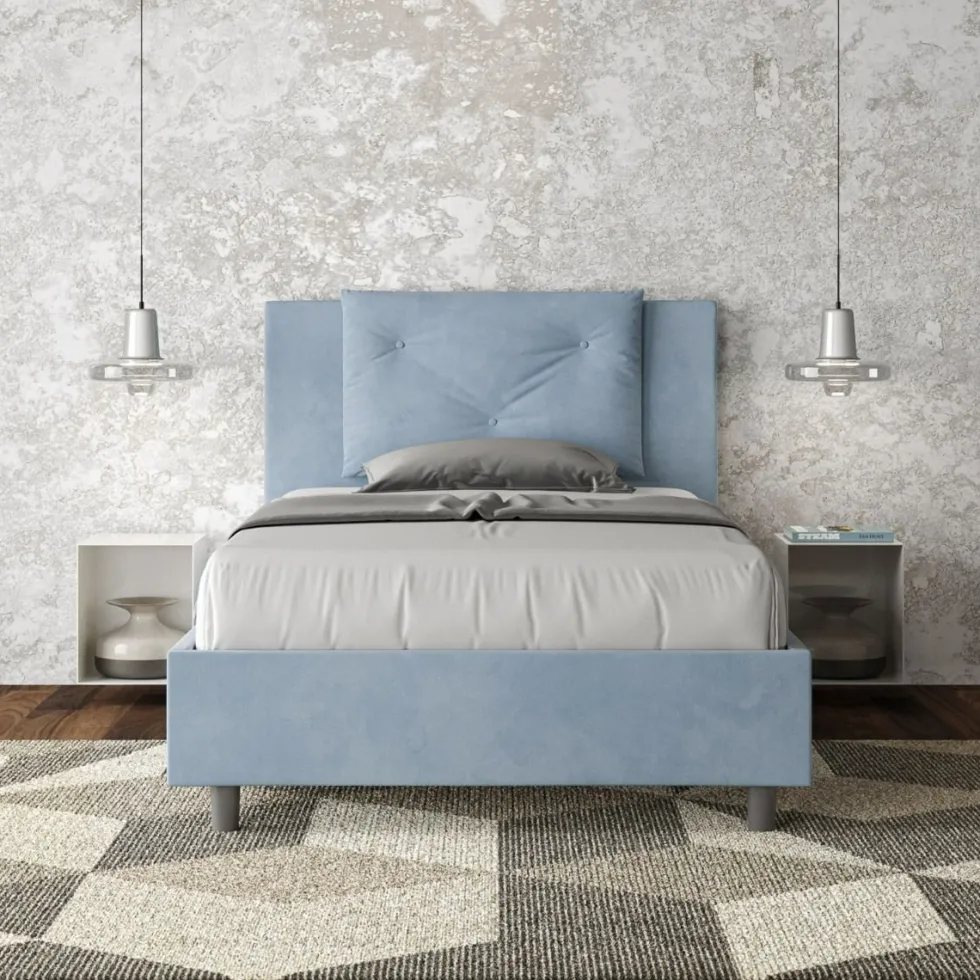 Letto 120x200cm contenitore con tre bottoni in microfibra azzurro LIT184