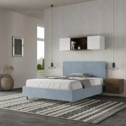 Letto 140x210cm contenitore francese testiera liscia in microfibra azzurro LIT274