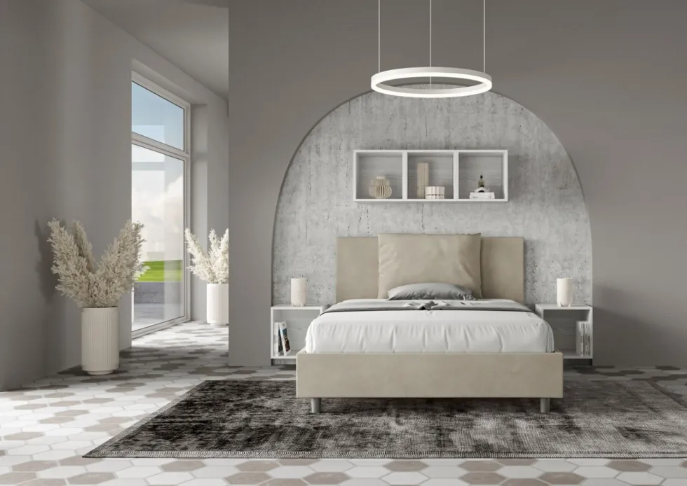 Letto 140x200cm contenitore francese giroletto imbottito in microfibra sabbia beige LIT278