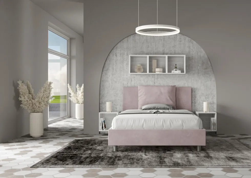Letto 140x200cm contenitore francese giroletto imbottito in microfibra glicine lilla LIT278