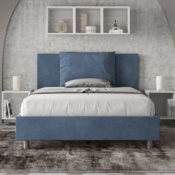 Letto 140x200cm contenitore francese giroletto imbottito in microfibra blu LIT278