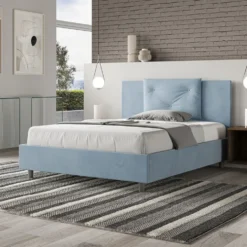Letto 140x190cm contenitore francese con tre bottoni in microfibra azzurro LIT282