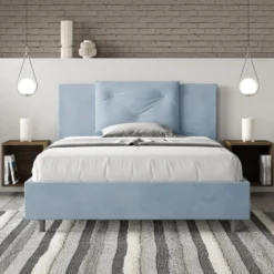 Letto 140x190cm contenitore francese con tre bottoni in microfibra azzurro LIT282