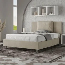 Letto 140x190cm contenitore francese giroletto imbottito in microfibra sabbia beige LIT276