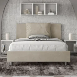 Letto 140x190cm contenitore francese giroletto imbottito in microfibra sabbia beige LIT276