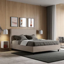 Letto 140x190cm contenitore francese con testiera trapuntata tortora LIT300