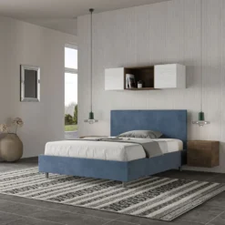 Letto 140x190cm contenitore francese testiera liscia in microfibra blu LIT270