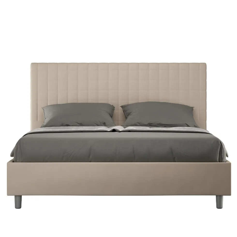 Letto 140x200cm contenitore francese con testiera a quadretti in similpelle tortora LIT308