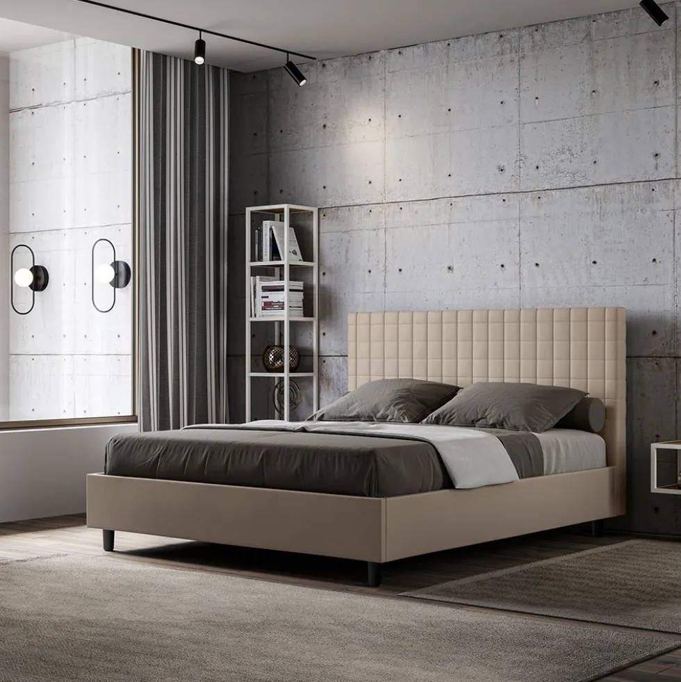 Letto 140x200cm contenitore francese con testiera a quadretti in similpelle tortora LIT308