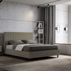Letto 140x190cm contenitore francese con testiera a quadretti in similpelle cappuccino LIT306
