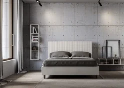 Letto 140x190cm contenitore francese con testiera a quadretti in similpelle bianco LIT306