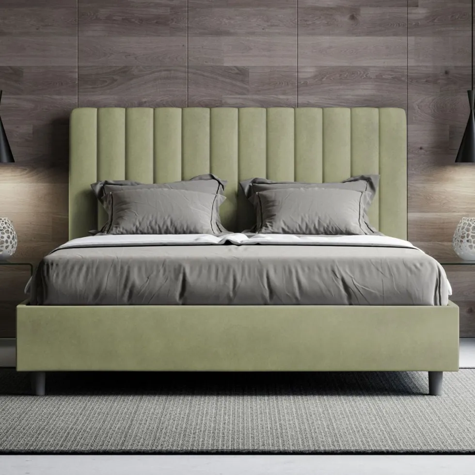 Letto 140x200cm contenitore francese con testiera trapuntata in microfibra tè verde LIT330