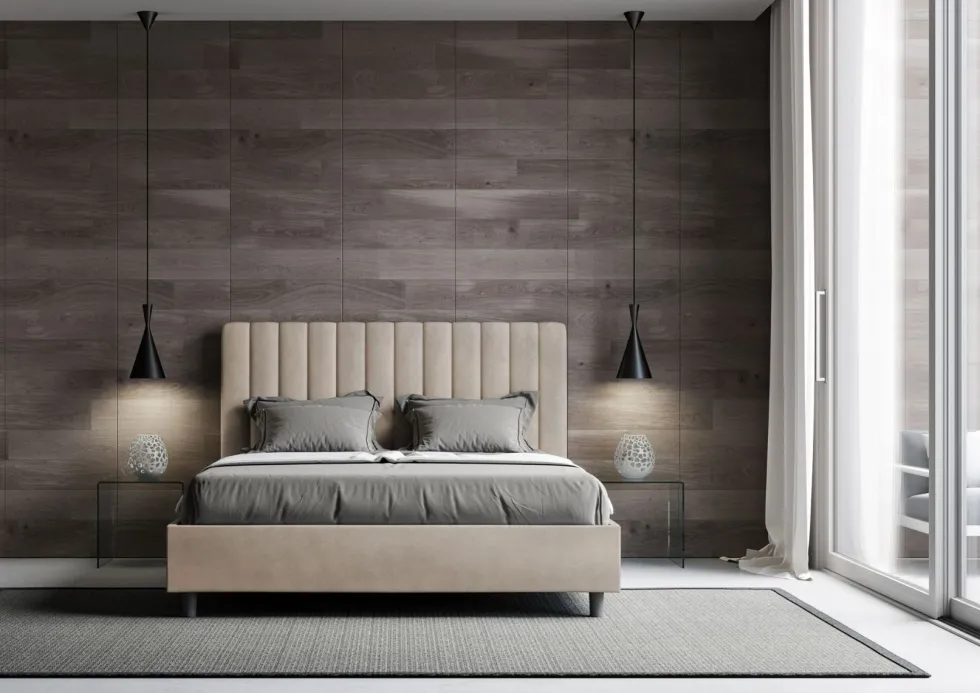 Letto 140x200cm contenitore francese con testiera trapuntata in microfibra sabbia beige LIT330