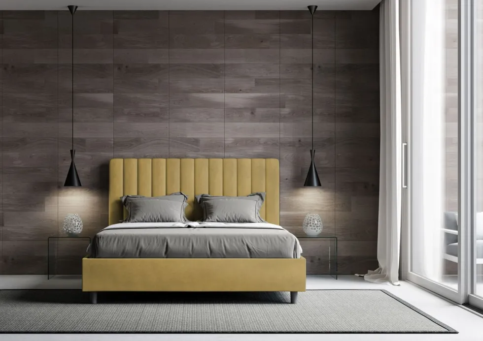 Letto 140x200cm contenitore francese con testiera trapuntata in microfibra ocra LIT330
